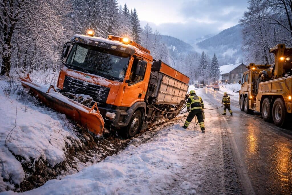Schneeräumfahrzeug von Fahrbahn abgekommen