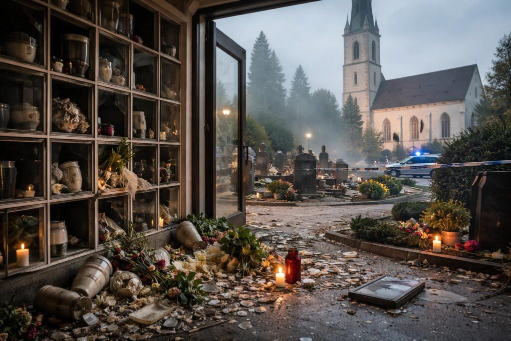 Kirche und Urnenhaus verwüstet