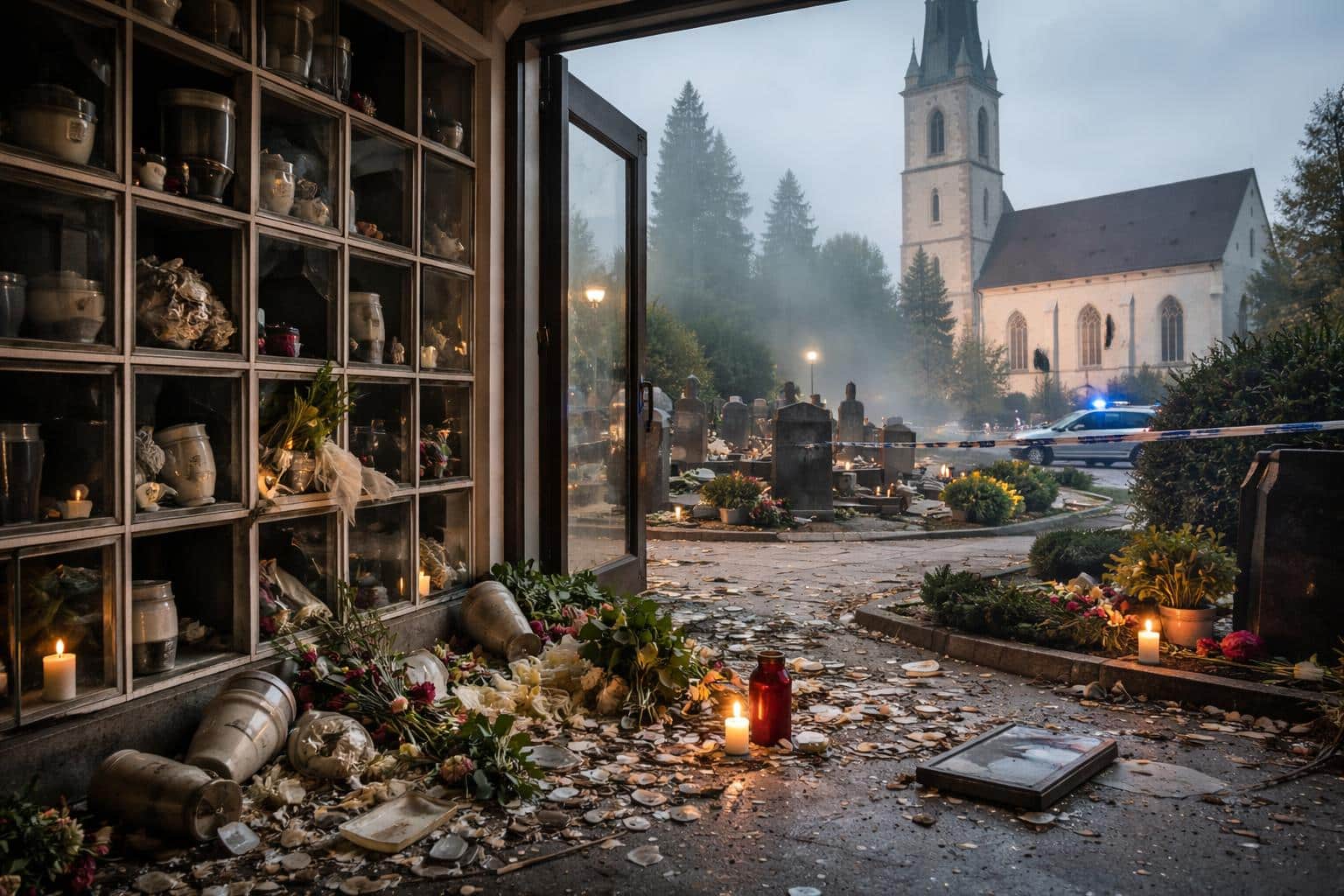 Kirche und Urnenhaus verwüstet