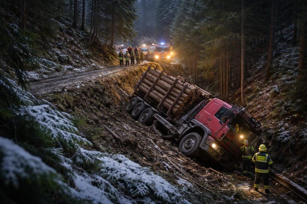 Holztransporter stürzte von Forststraße