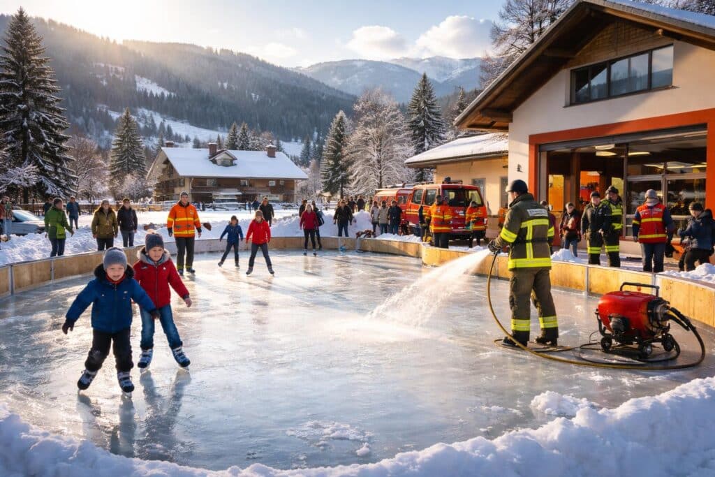 Feuerwehr errichtet Eislaufplatz