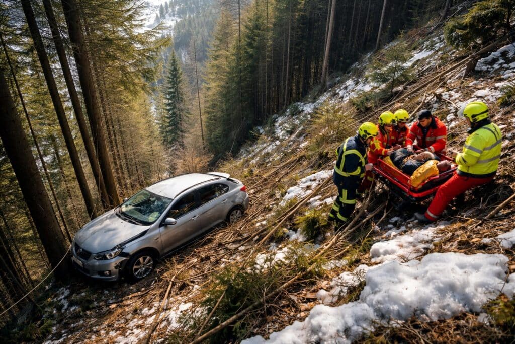 Auto stürzt Hang hinab, Lenker gerettet