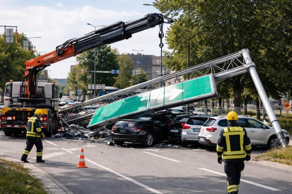 Unfall in Klagenfurt: Ausgefahrener Kran brachte Wegweiser zu Fall