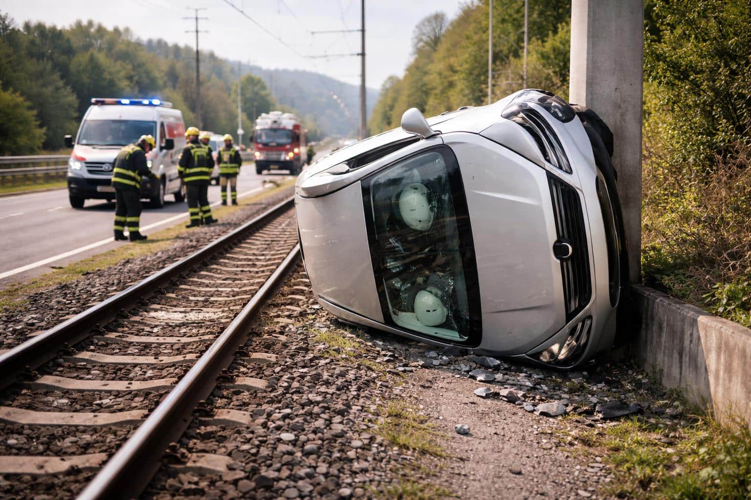 Auto neben Gleisen umgekippt