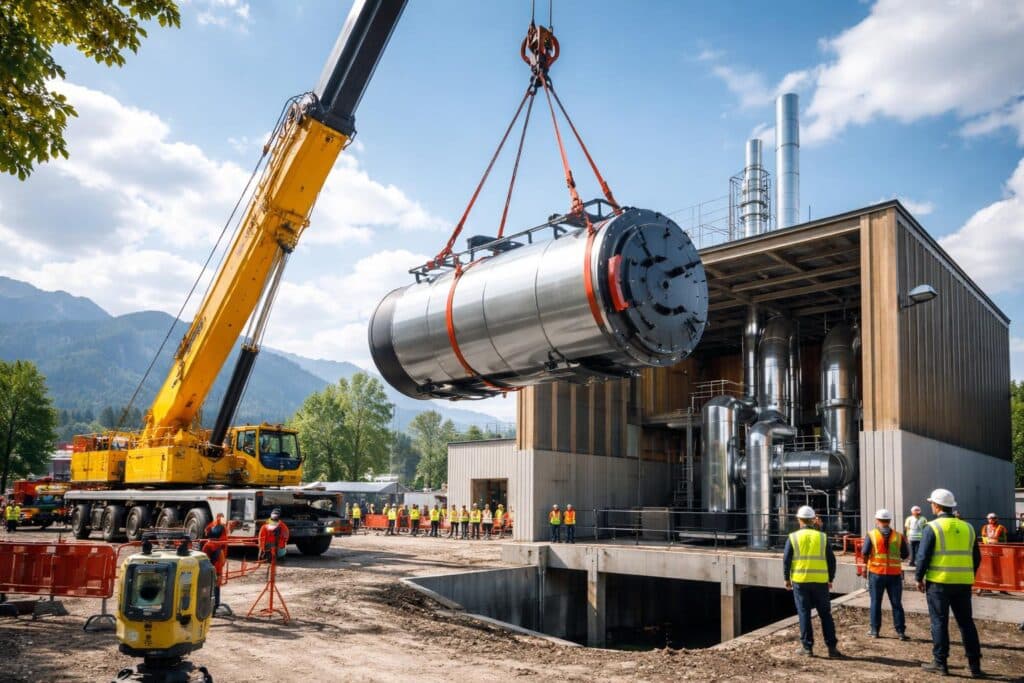 Kelag Energie & Wärme: 30-Tonnen-Biomassekessel schwebt ins Heizwerk Lustenau