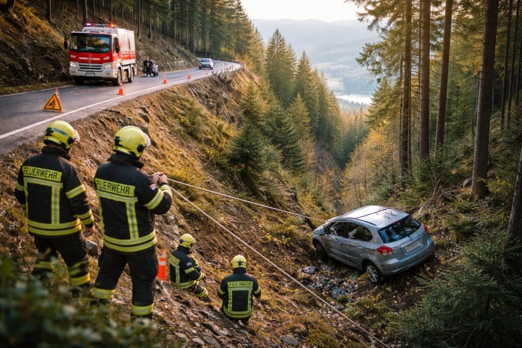 Auto stürzt 15 Meter über Böschung