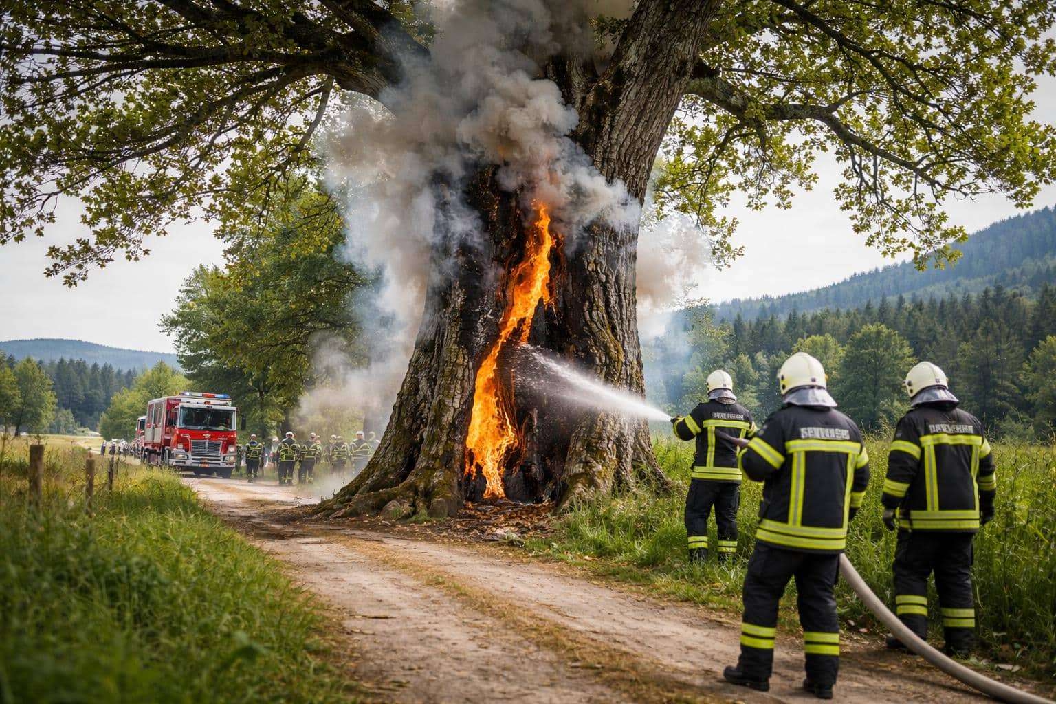 200 Jahre alte Eiche in Flammen