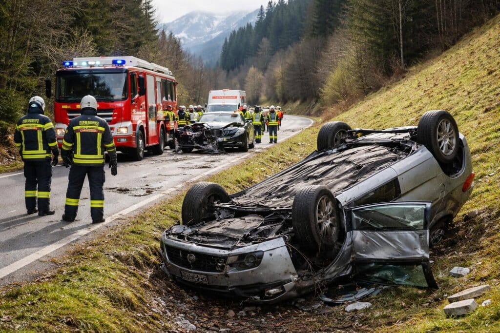 Auto überschlägt sich nach Frontalcrash
