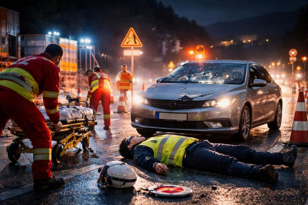 Verkehrseinweiser bei Baustelle von Auto erfasst