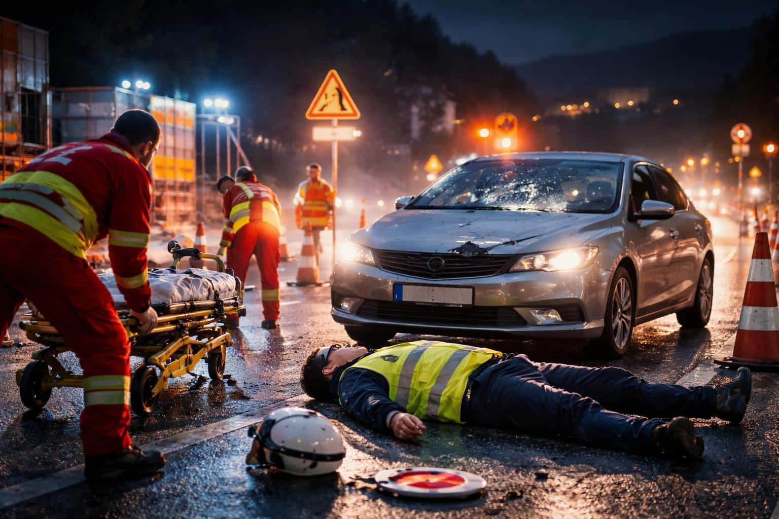 Verkehrseinweiser bei Baustelle von Auto erfasst