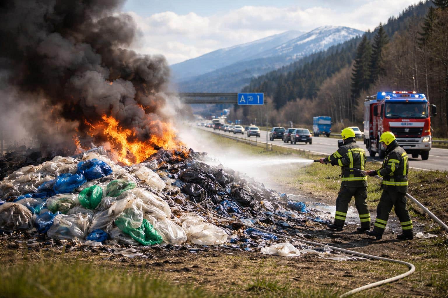 Plastikmüll neben A2 angezündet
