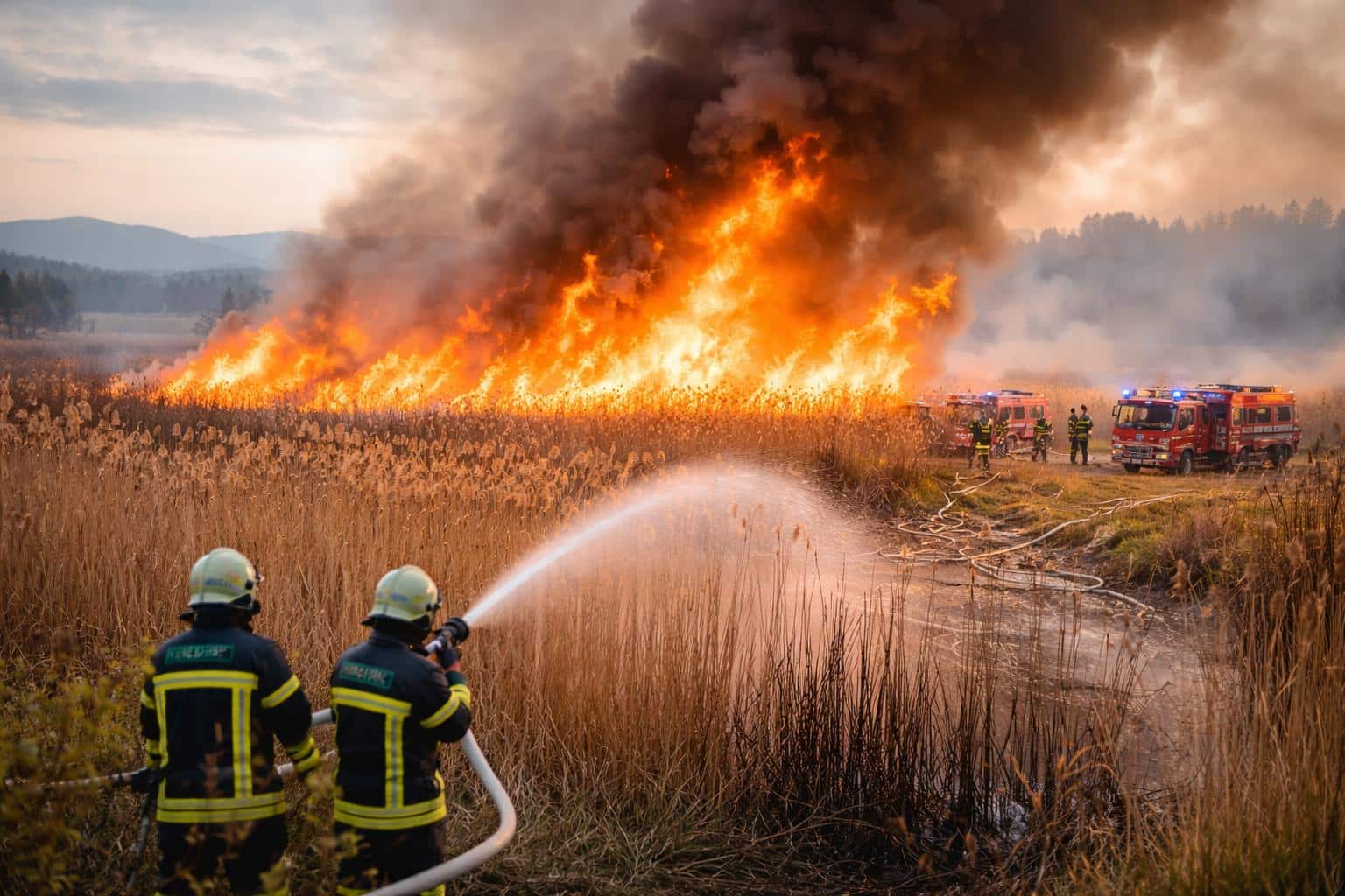 Schilfbrand im Natura-2000-Gebiet bei Grafenstein: Feuerwehr und Polizei im Großeinsatz