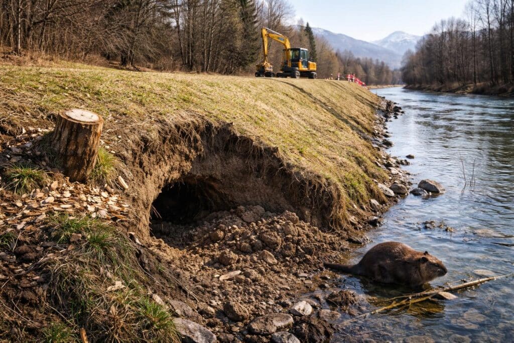 Biberschäden am Hochwasserschutzdamm