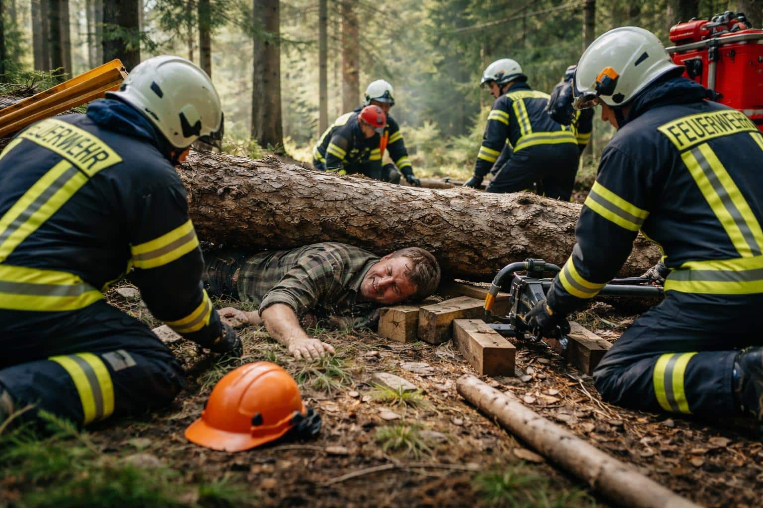 Mann unter Baumstamm eingeklemmt