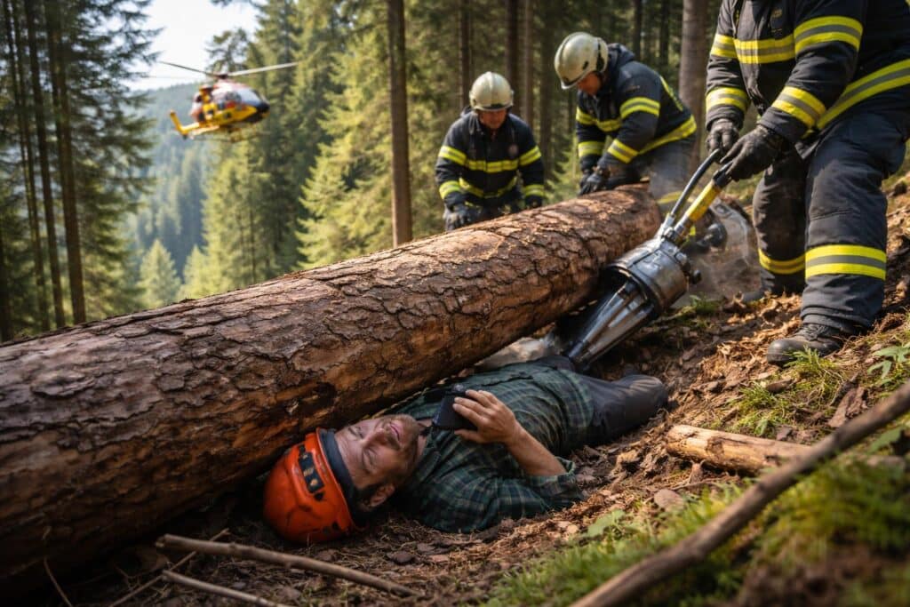 Fortarbeiter unter Baumstamm eingeklemmt