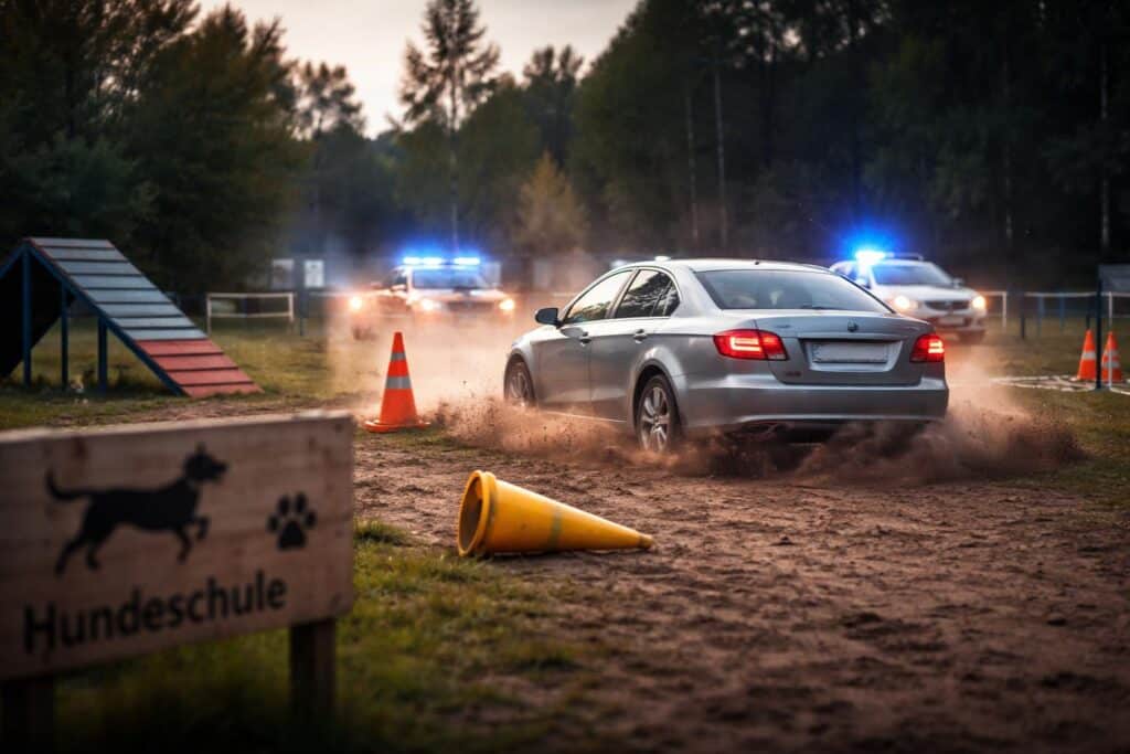 Pkw-Lenker flüchtet vor Polizei und fährt über Hundeabrichteplatz