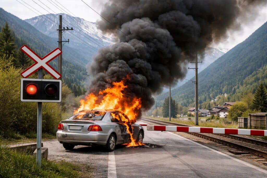 In Osttirol: Auto ging unmittelbar vor Bahnübergang in Flammen auf