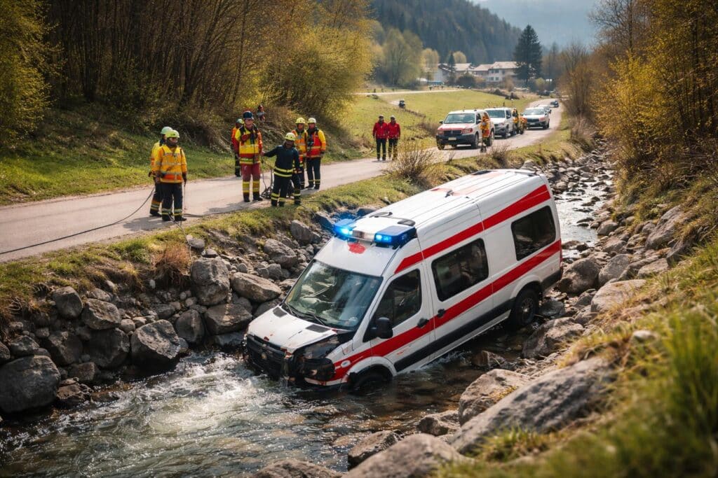 Mehrere Verletzte: Rettungswagen stürzte nach Unfall in Bachbett