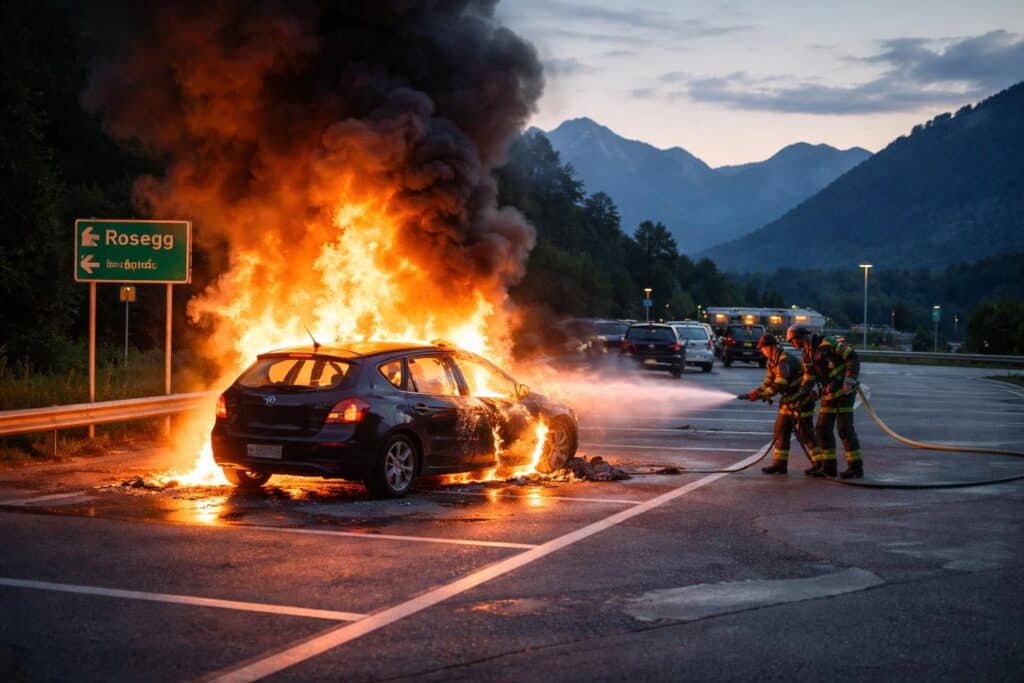 Karawankenautobahn: Pkw ging auf Parkplatz in Flammen auf