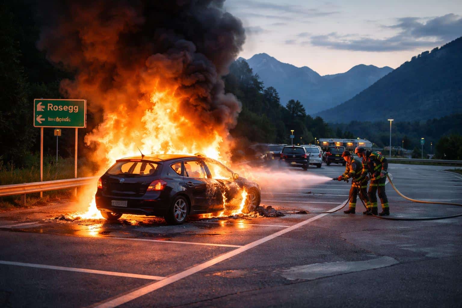 Karawankenautobahn: Pkw ging auf Parkplatz in Flammen auf