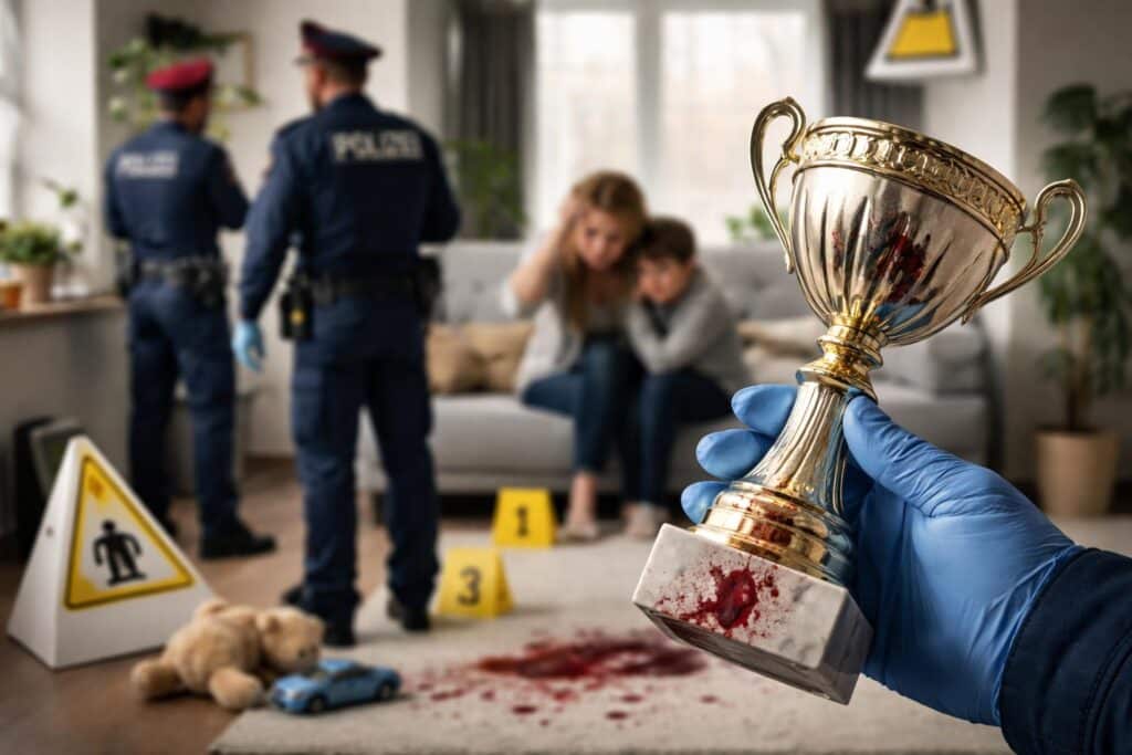 Mit Pokal vom Eisstockturnier auf Freundin und Sohn eingeschlagen