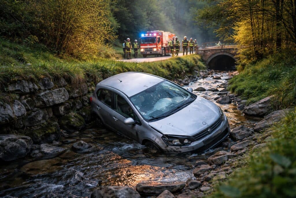 Auto landet nach Unfall im Bach