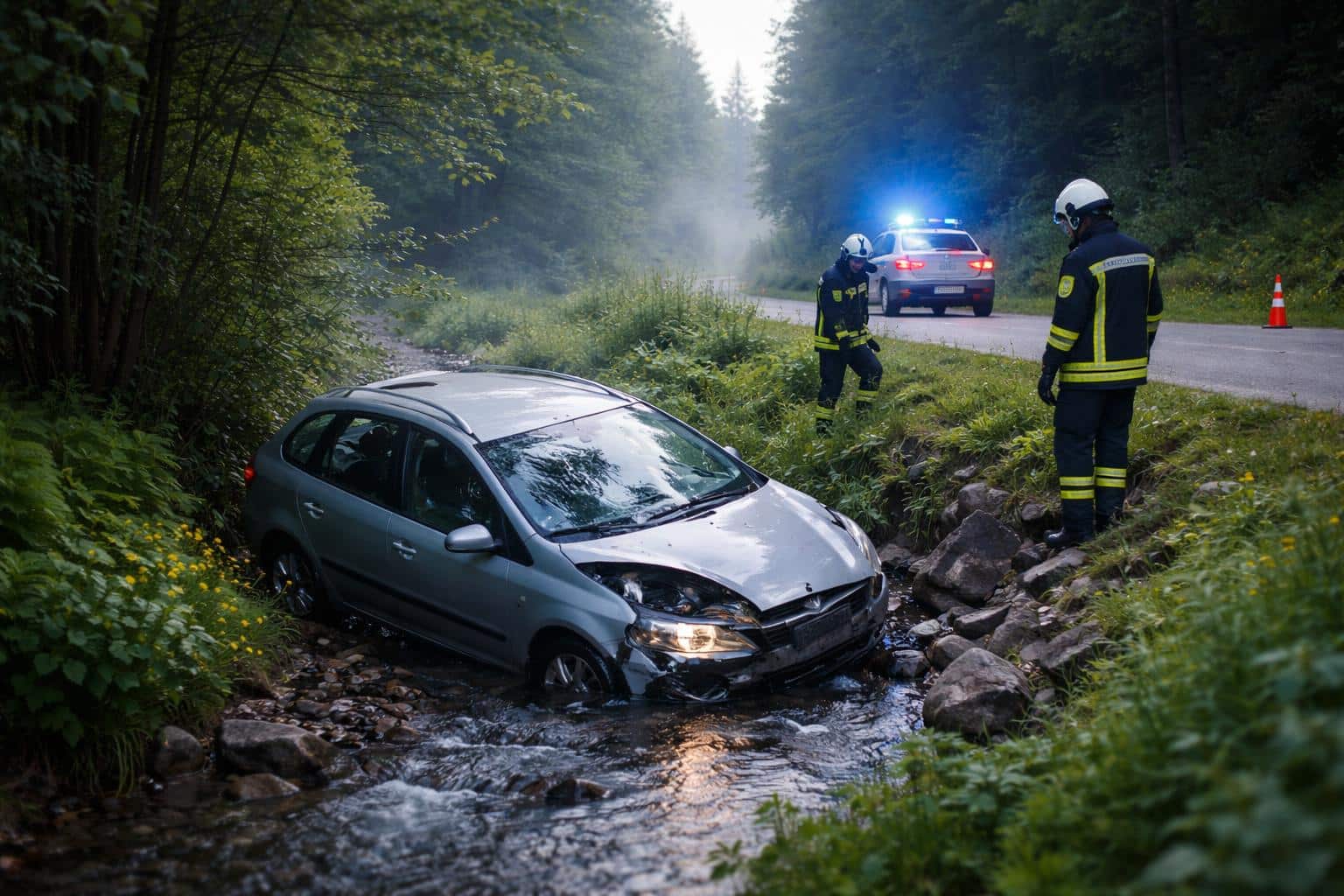 Pkw landete in Bachbett