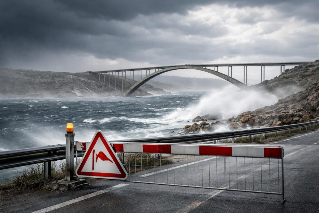Krk-Brücke gesperrt, Pag abgeschnitten: Windspitzen über 170 km/h