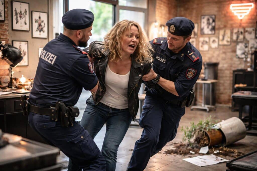 Frau randaliert in Tattoostudio