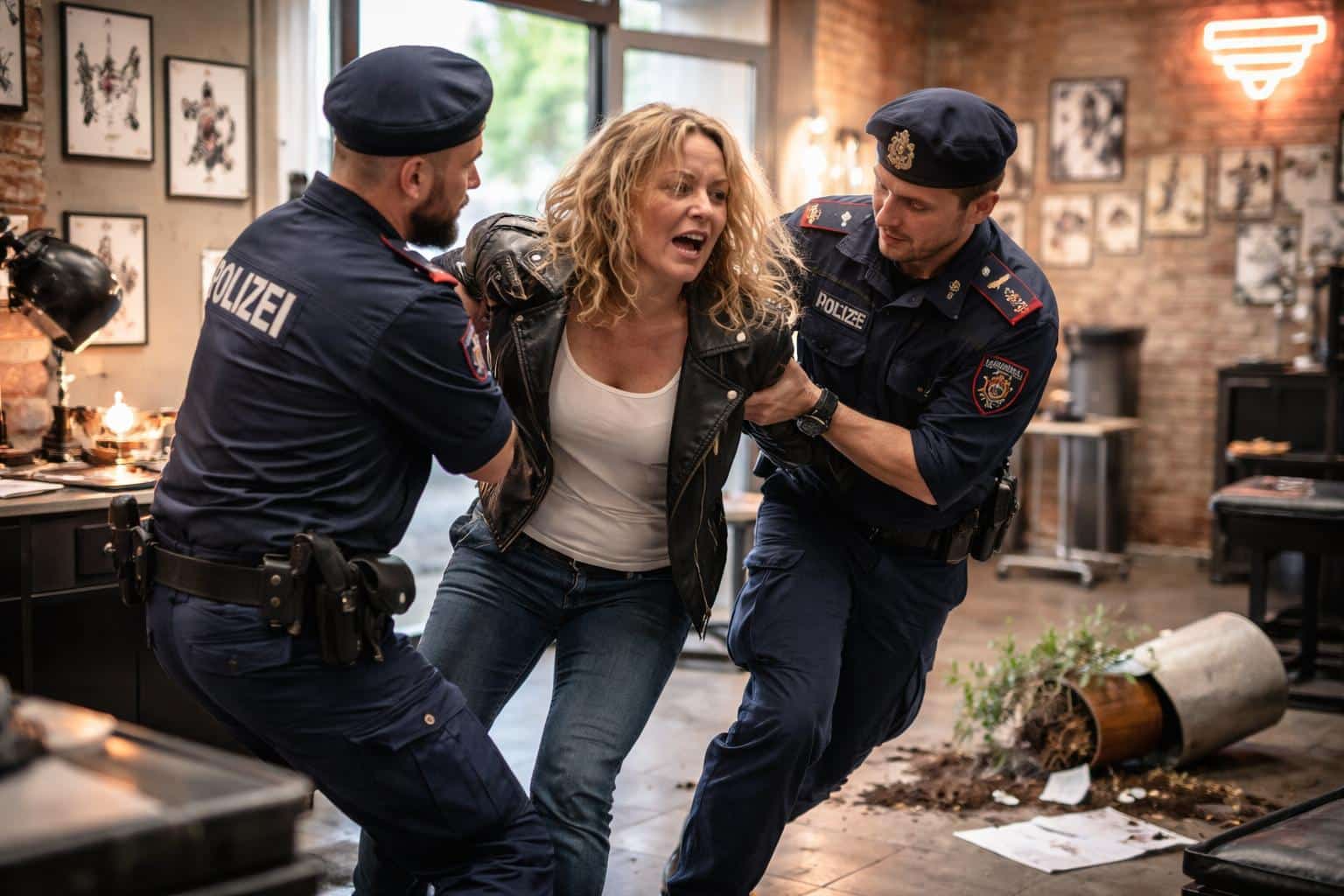 Frau randaliert in Tattoostudio