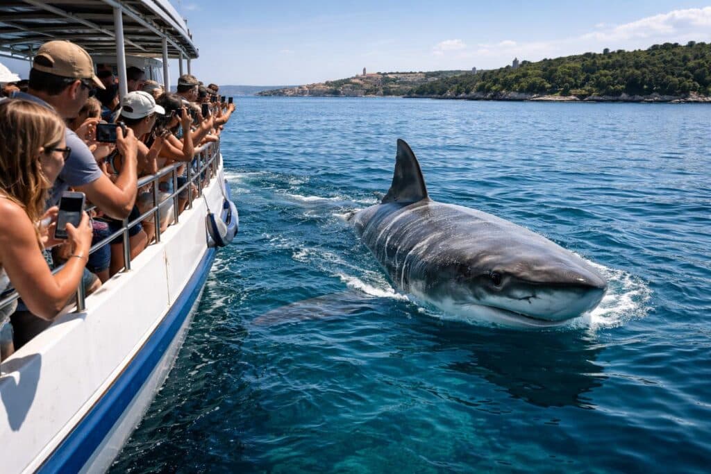 Riesiger Hai wagt sich vor Pula ganz nahe an Touristenboot