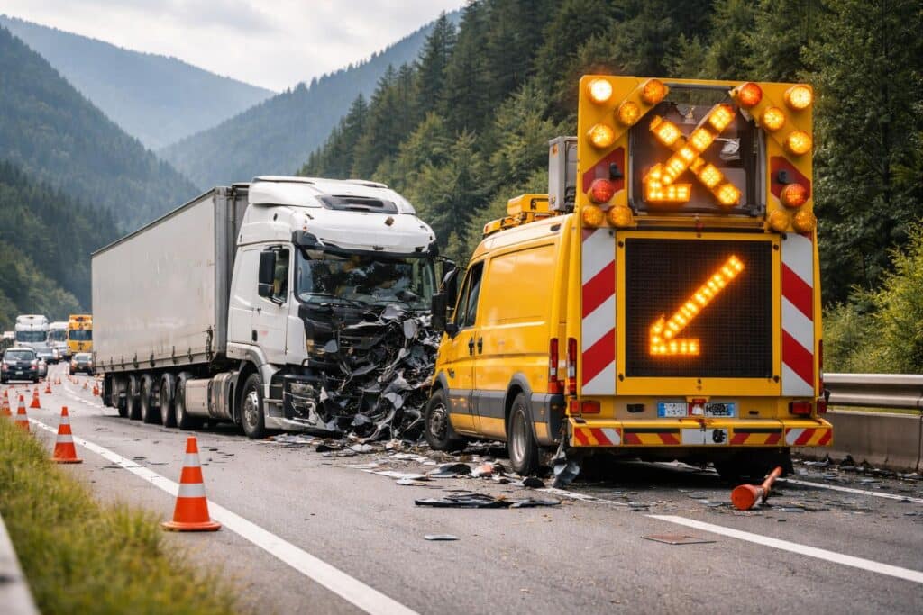 Lkw prallt gegen Absicherungsfahrzeug