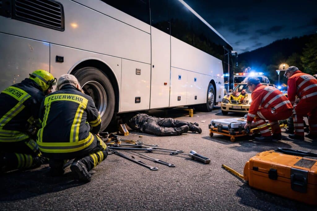 Mann bei Busarbeiten eingeklemmt