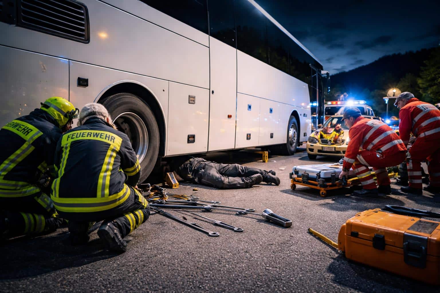 Mann bei Busarbeiten eingeklemmt