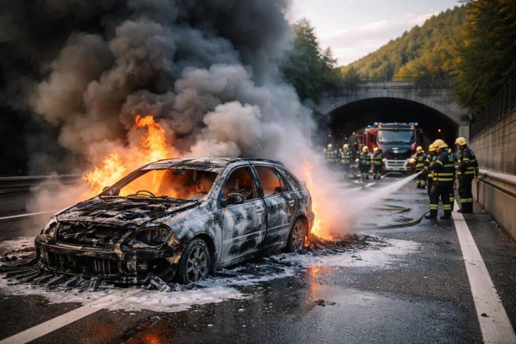 Rauch, Feuer, Totalschaden: Pkw-Brand auf der A2 bei Völkermarkt