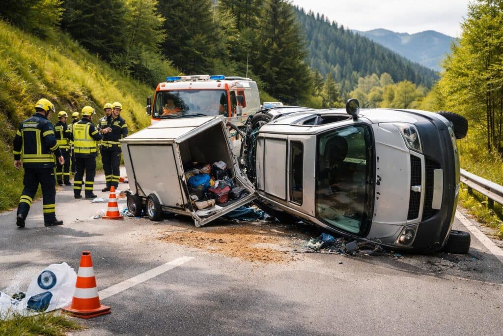 Auto mit Anhänger überschlagen