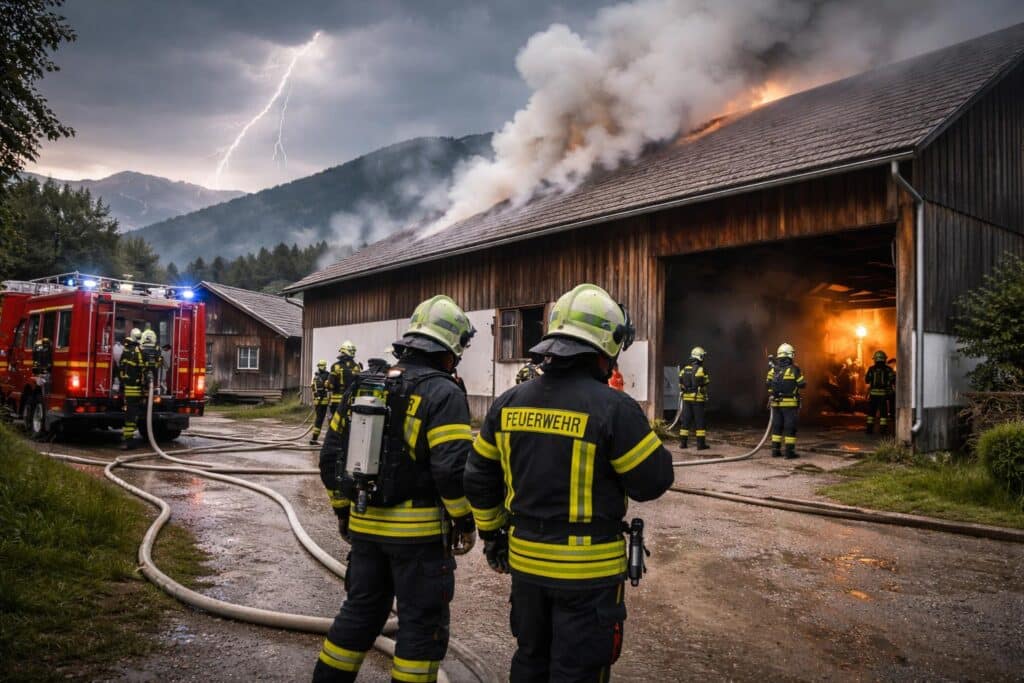 Blitzeinschlag in Wirtschaftsgebäude fordert Feuerwehreinsatz