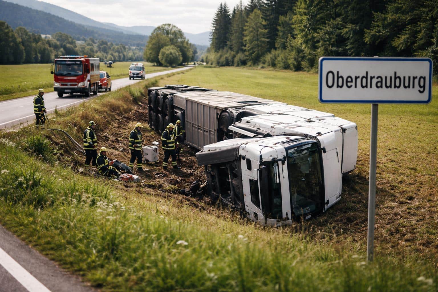 Sattelzug bei Unfall umgekippt