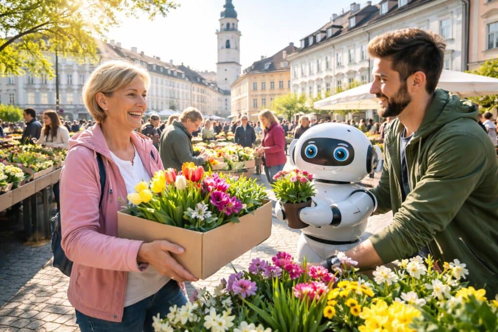 Frühlingsblumen werden verschenkt