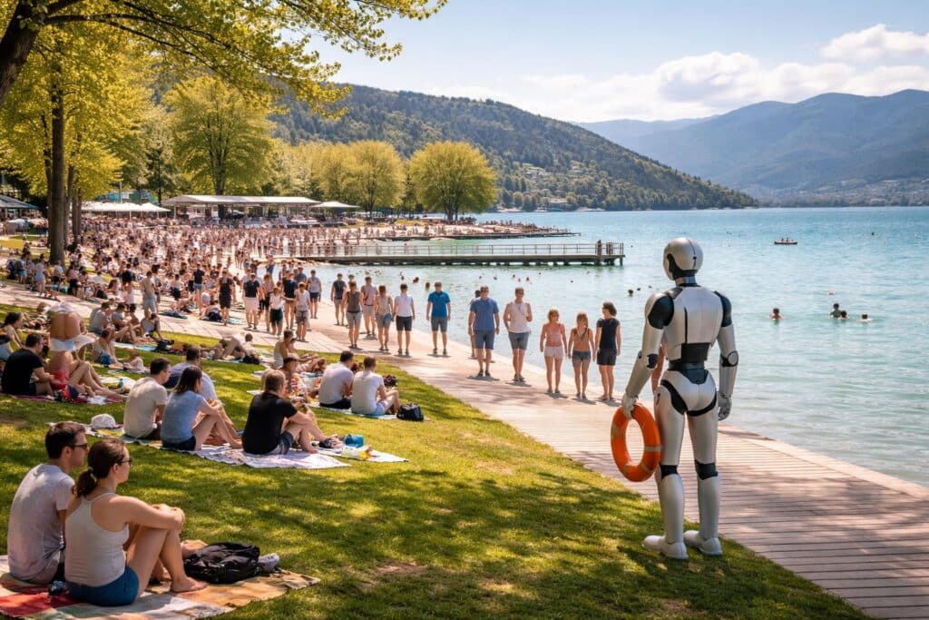 Strandbad Klagenfurt ist eröffnet, Gäste stehen am Wörthersee Kopf