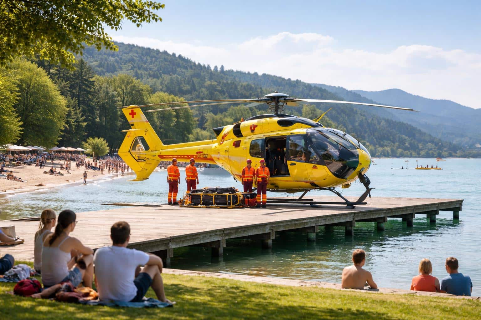 Am Wörthersee : Rettungshubschrauber landete auf Steg im Strandbad