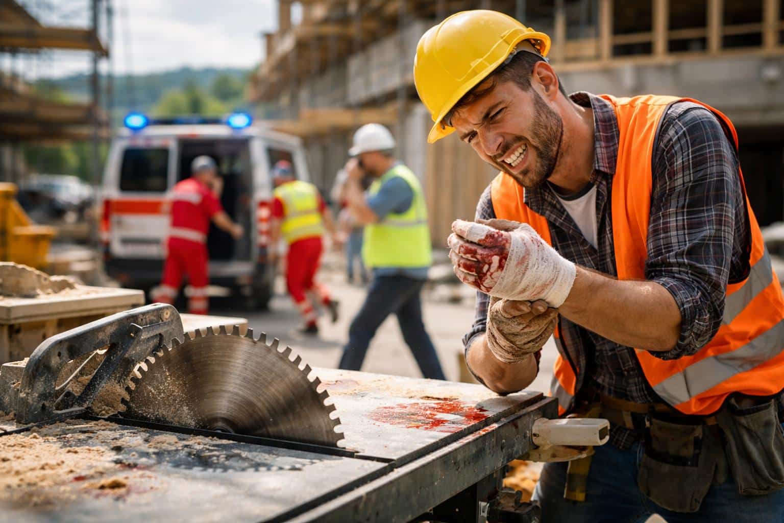 Arbeiter mit Hand in Sägeblatt geraten