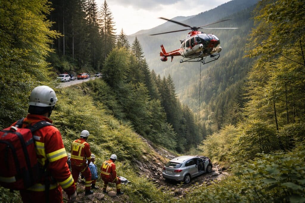 Hubschrauber im Einsatz : Kärntner stürzt mit Pkw rund 150 Meter ab