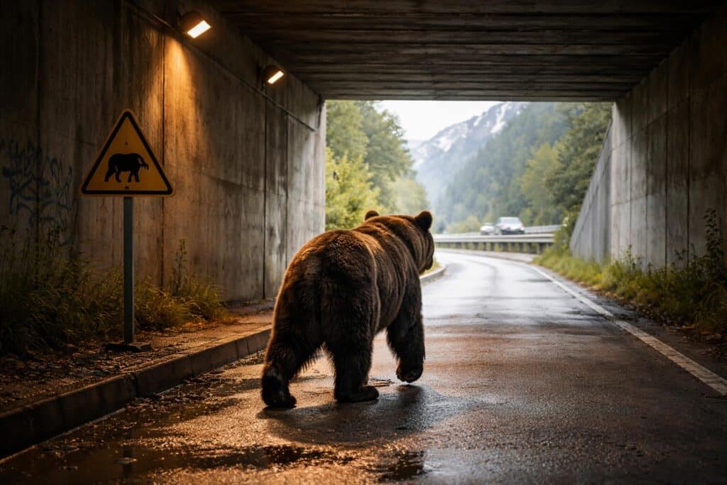 Bär marschierte in Tarvis durch Unterführung bei Autobahn