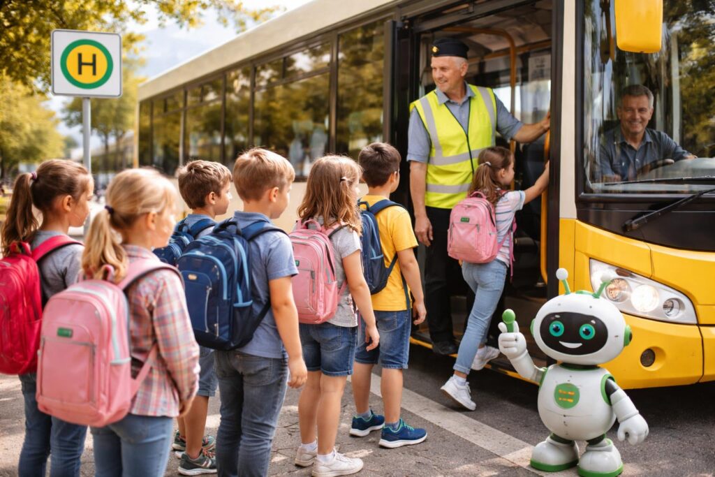 Volksschulkinder üben sicheres Busfahren