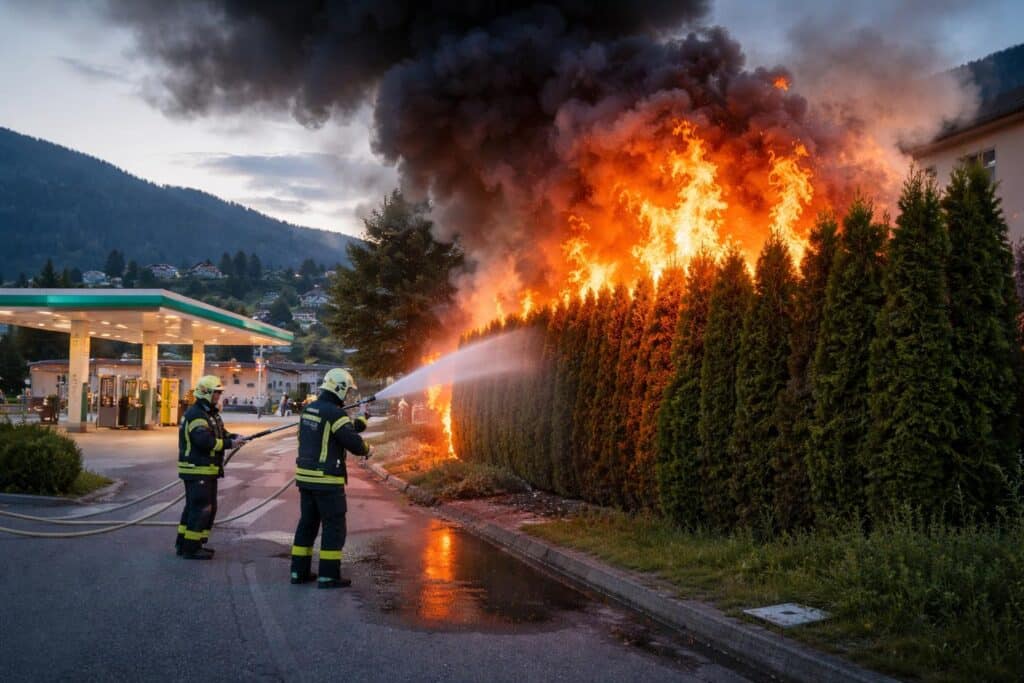 Hecke stand neben Tankstelle in Flammen