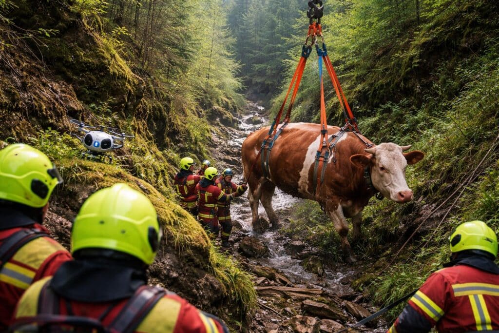 Schwerer Einsatz: 400 Kilo Kalb stürzte 50 Meter in einen Graben