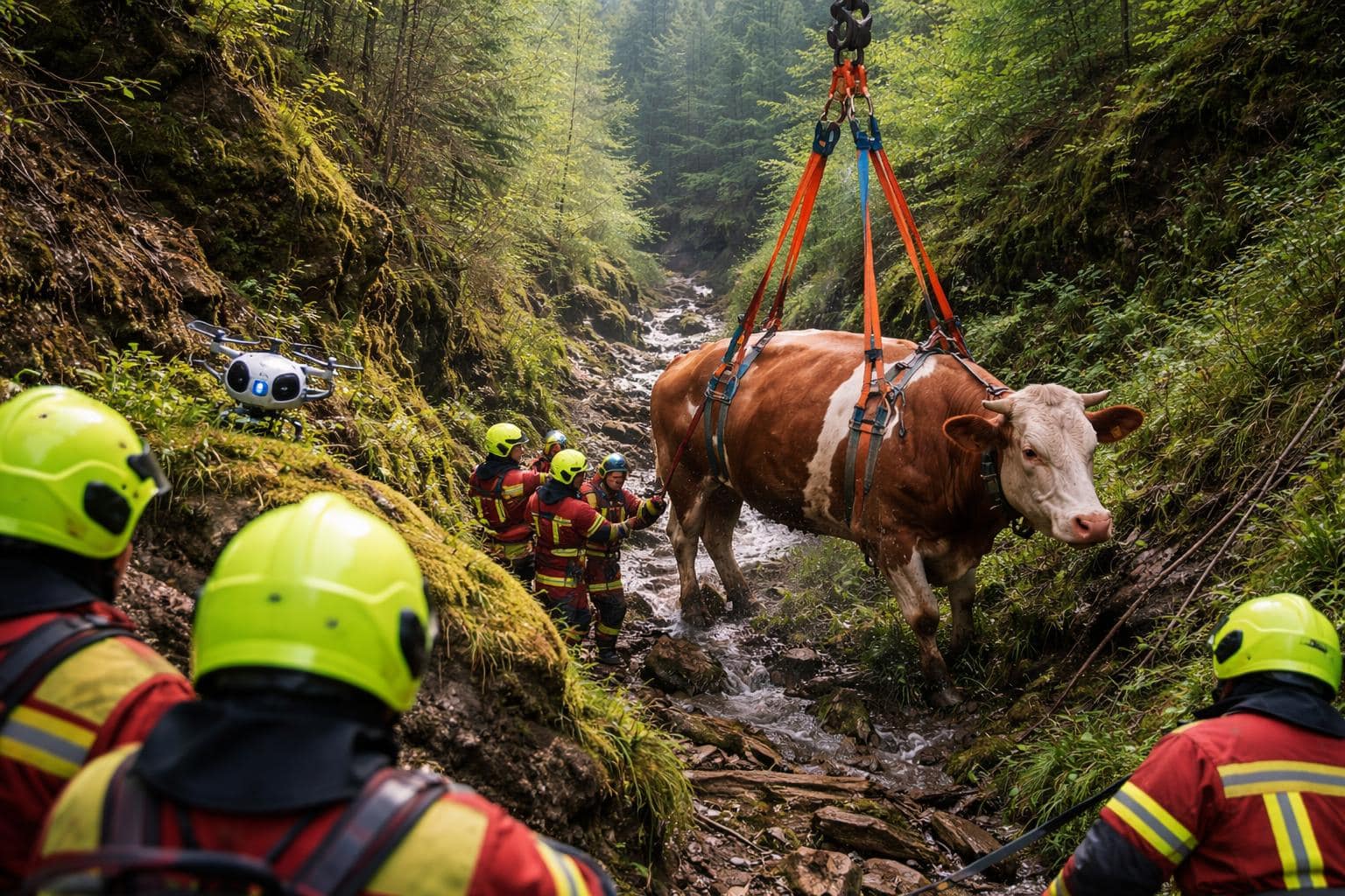 Schwerer Einsatz: 400 Kilo Kalb stürzte 50 Meter in einen Graben