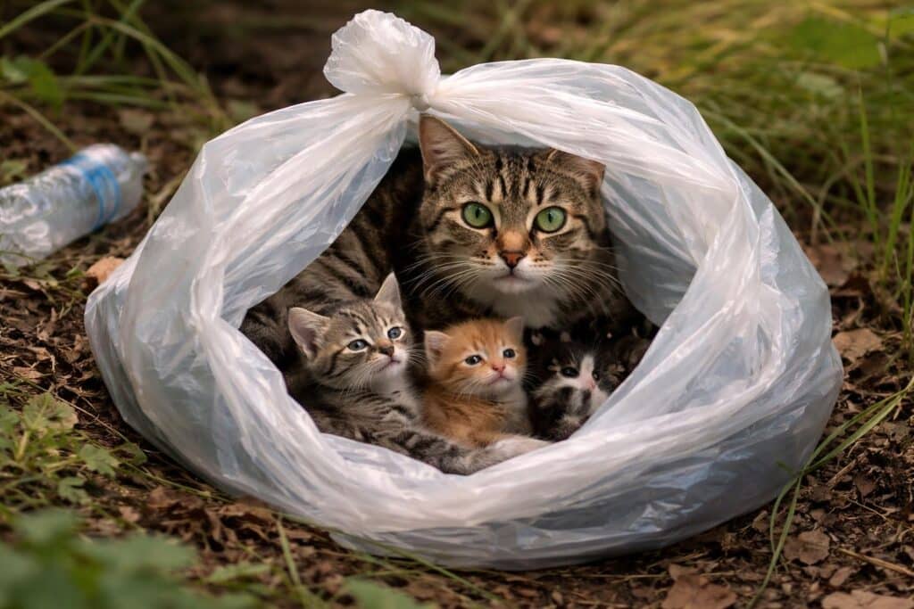 Katzenbabys mit Mutter in verknotetem Plastiksack gefunden