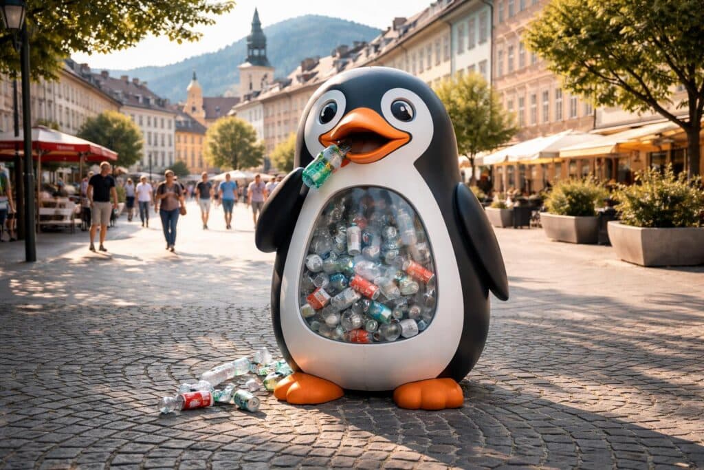 Pinguin sammelt Pfand für guten Zweck
